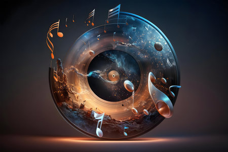 A mesmerizing cosmic scene within a vinyl record, musical notes dance amidst stars and galaxies.