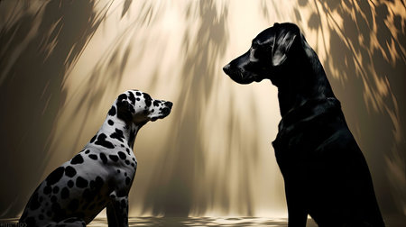 Two dogs, a Dalmatian and a Labrador, sit facing each other in a studio setting, creating a striking...