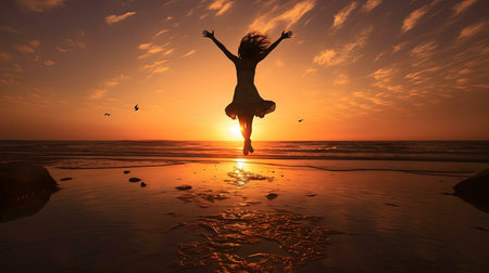 Silhouette of a joyful woman jumping on a beach during a vibrant sunset. Pure bliss and freedom.