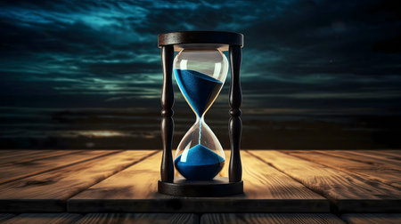 An hourglass sits on a wooden table, with a dramatic night sky as backdrop.の写真素材