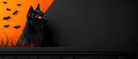 Black cat with glowing eyes in Halloween setting.の写真素材