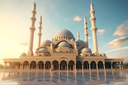 Stunning sunrise view of a grand mosque, showcasing its intricate architecture and serene atmosphere.の写真素材