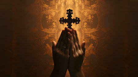 Image of praying hands holding a cross. Spiritual and religious themes.の写真素材