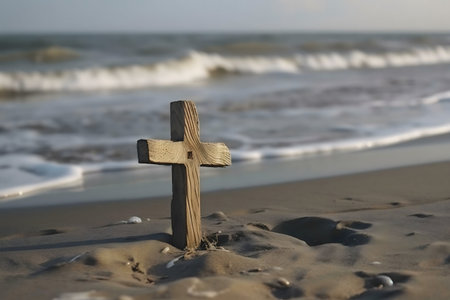 A wooden cross stands in the sand, with calm ocean waves in the background. Peaceful sceneの写真素材