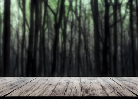 A rustic wooden table set against a softly blurred forest backdrop. Creates a mysterious and serene ambiance.の写真素材