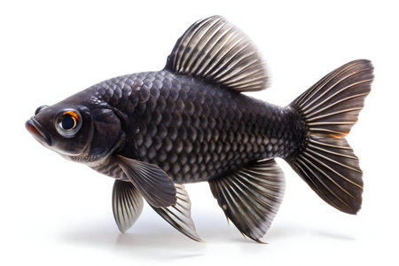 A captivating close-up of a black moor goldfish against a pure white backdrop.の写真素材