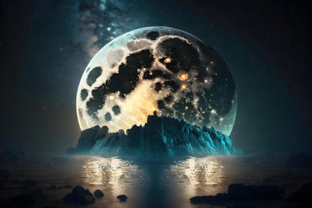 A gigantic moon dominates the night sky over a tranquil ocean. Rocks and reflections create a...