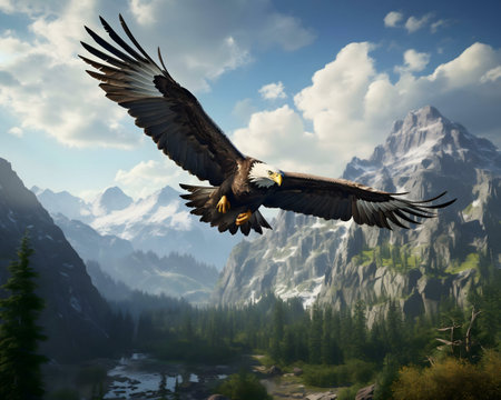 Eagle in flight over a mountain range