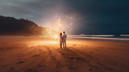 A couple stands on a beach at night, mesmerized by a magical display of fireworks.の写真素材