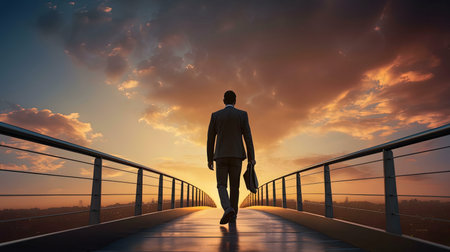 A businessman walks towards a vibrant sunset, symbolizing ambition and career progress.の写真素材