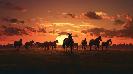 A herd of horses silhouetted against a vibrant sunset. Breathtaking scene.の写真素材