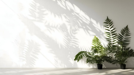 Three ferns in pots against a white wall, illuminated by sunlight casting leafy shadows.