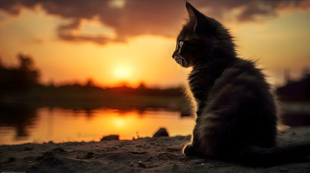 A cute kitten sits by a lake, watching a beautiful sunset. Peaceful scene.の写真素材
