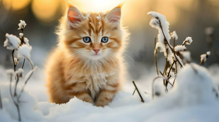 A charming ginger kitten sits in the snow during a sunny winter day.の写真素材