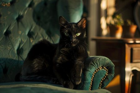 A black cat sits majestically on an antique velvet chair, bathed in sunlight.の写真素材