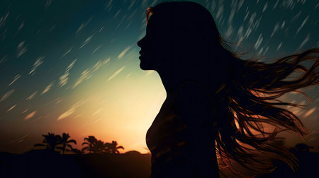Silhouette of a girl with flowing hair at sunset. Calm, serena scene.