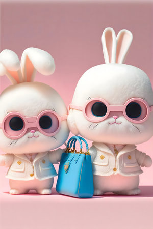 Two adorable bunnies dressed in fashionable outfits, holding a stylish handbag. A cute and cheerful scene.の写真素材