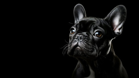 Adorable black French Bulldog puppy portrait. Studio shot.の写真素材