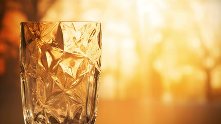 Close up of a faceted glass against a blurry sunset.の写真素材