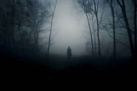A solitary figure walks through a dense, foggy forest. The scene is mysterious and evokes a sense of...