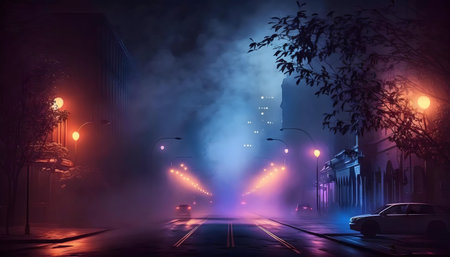 A digital painting of a foggy city street at night, illuminated by neon lights and lampposts.の写真素材
