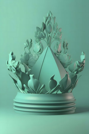 A 3D render of an elegant teal crown with floral details.の写真素材