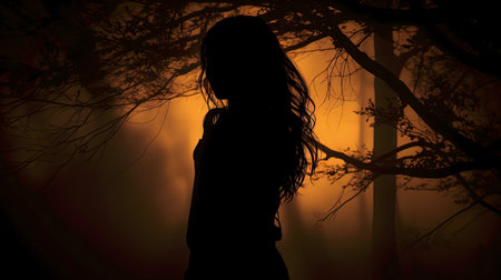 Silhouette of a woman standing in a misty forest during sunset. The warm light creates a mysterious...