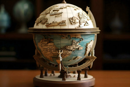 Close-up of an intricately detailed globe model. A miniature world captured in exquisite detail.