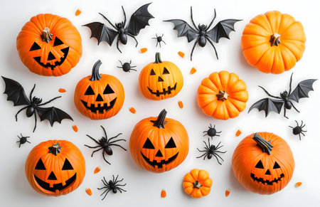 A flatlay showcasing carved pumpkins, bats and spiders for Halloween.の写真素材