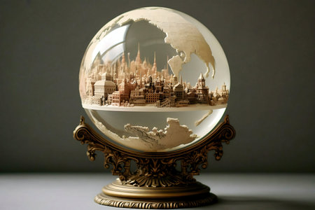A stunning miniature city meticulously crafted inside a glass globe. The artwork is displayed on an...