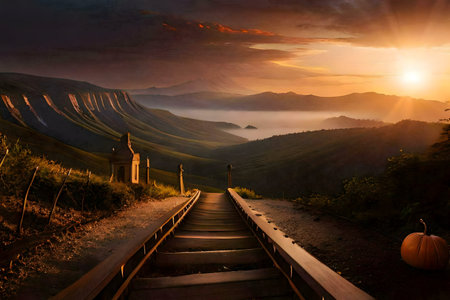 Serene sunset over misty mountains, stairway leads to a chapel.の写真素材