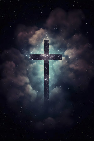 A majestic cross shines amidst a starry night sky, surrounded by clouds. A powerful image of faith and hope.の写真素材