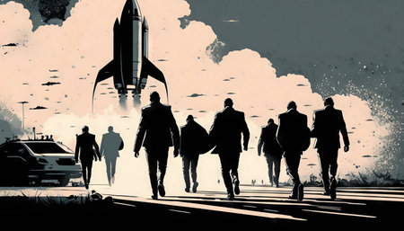Silhouetted men walk towards a launching rocket, symbolizing ambition and a journey into the future.の写真素材