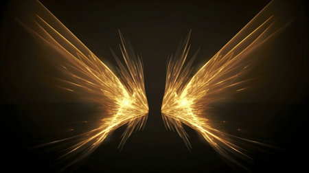 Abstract artwork depicting luminous golden wings against a dark background.の写真素材