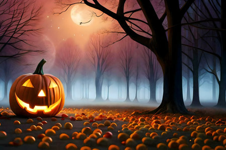 Jack-o'-lantern in a foggy forest at night. Halloween.の写真素材