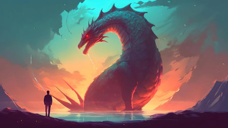 A large dragon by the lake, watched by a man during a vibrant sunset.