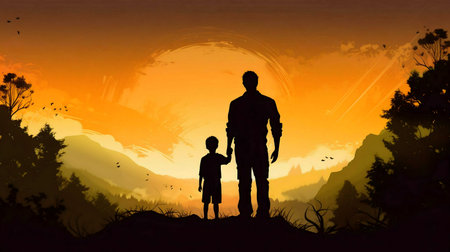 Silhouette of a father and son holding hands, watching sunset over mountains.
