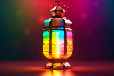 A vibrant Ramadan lantern glows brightly, symbolizing the festive spirit of the holiday.の写真素材