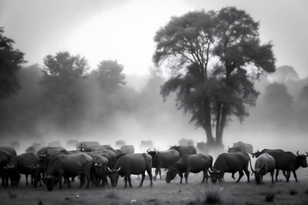 A herd of buffalo grazes peacefully in a misty field, a large tree silhouetted against the fog.の写真素材