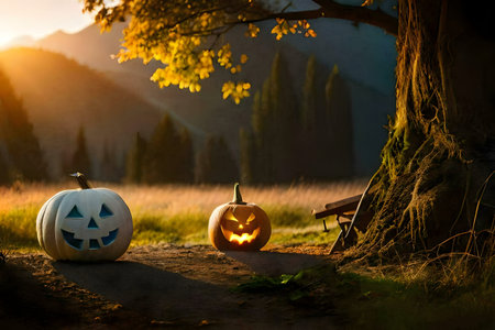 Two jack-o'-lanterns glow under a tree at sunset, creating a magical Halloween scene.の写真素材