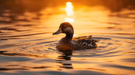 Duck swimming at sunset. Golden light.の写真素材