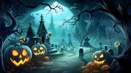 Eerie Halloween graveyard scene with pumpkinsの写真素材