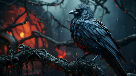 A majestic raven perched on a rain-soaked branch in a dark and mysterious forest.