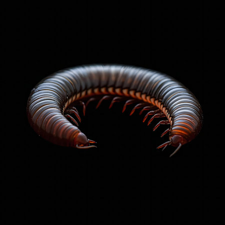 Macro photograph of a millipede. The insect is curved and isolated against a black background.の写真素材