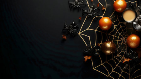 Elegant Halloween flatlay with gold-painted oranges, black spiders, and a golden spiderweb on a dark background.の写真素材