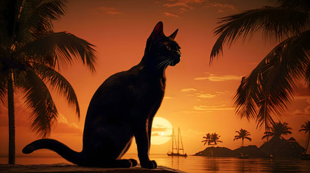A black cat silhouetted against a vibrant sunset over a tranquil tropical beach.
