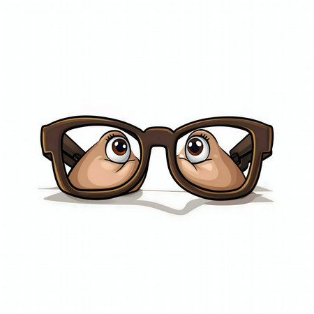 Cartoon creatures playfully peering through a pair of brown spectacles.の写真素材