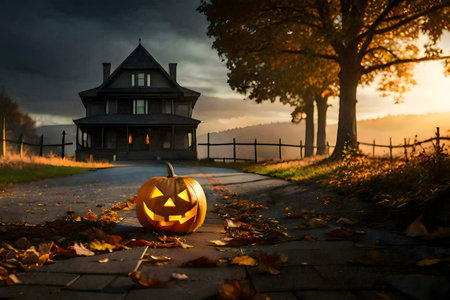A glowing jack-o'-lantern sits on a path leading to an old, spooky house at sunset. Autumn leaves...