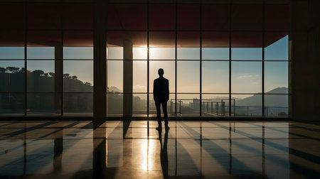 A lone figure stands silhouetted against a large window, gazing at a breathtaking sunrise over distant mountains.の写真素材