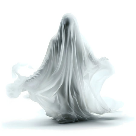 A ghostly figure shrouded in flowing white fabric against a white background. Mysterious and ethereal.の写真素材